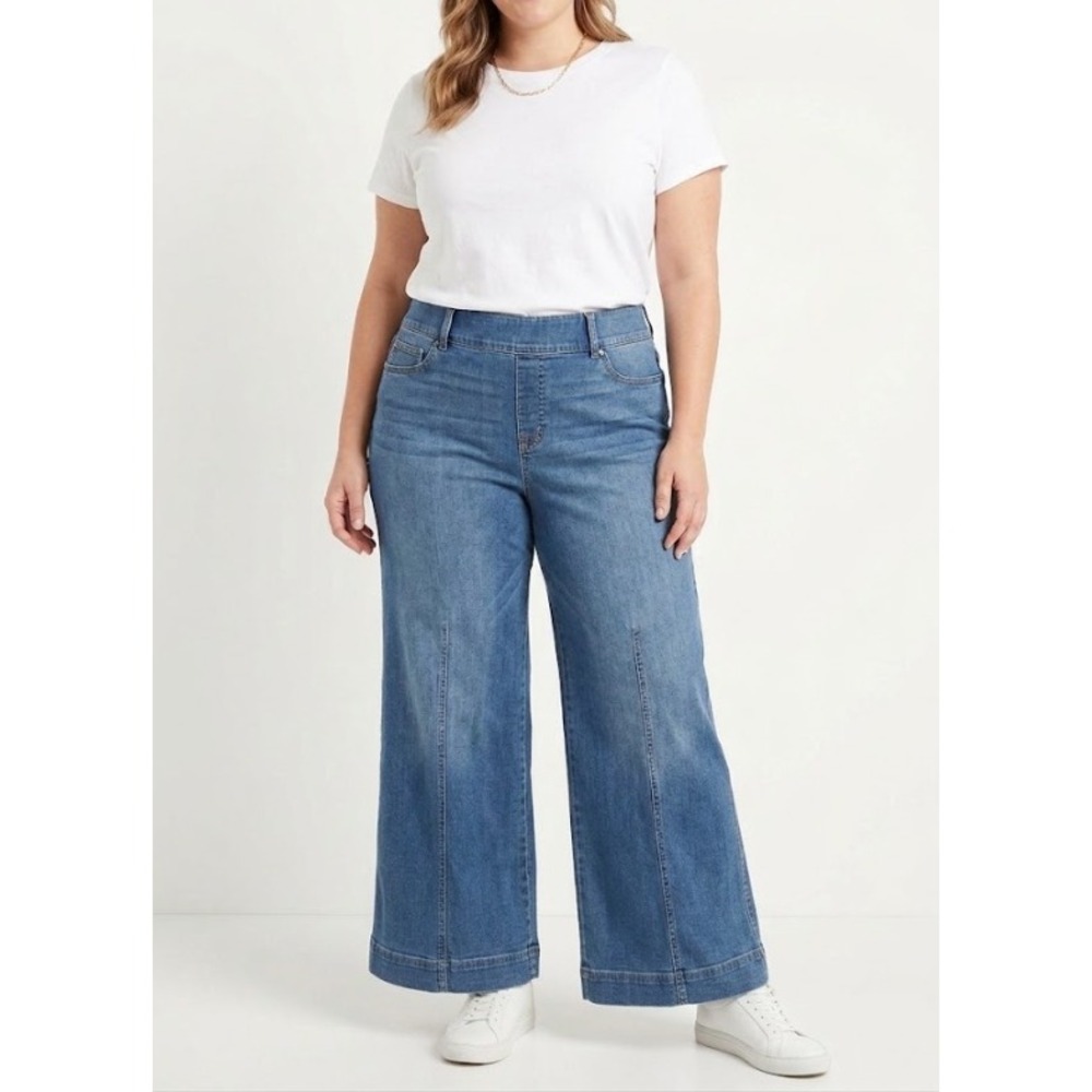 Spanx Wide Leg Jeans size 1X Petite Blue Medium Wash High Rise Pull On Stretch